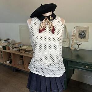 vintage polka dot collared white black polka dot top